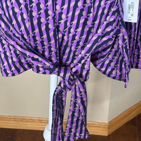 Liz Claiborne Shirt Womens 3X Bright Violet Geo V-Neck Tie Front Long Sleeve - Picture 2 of 16